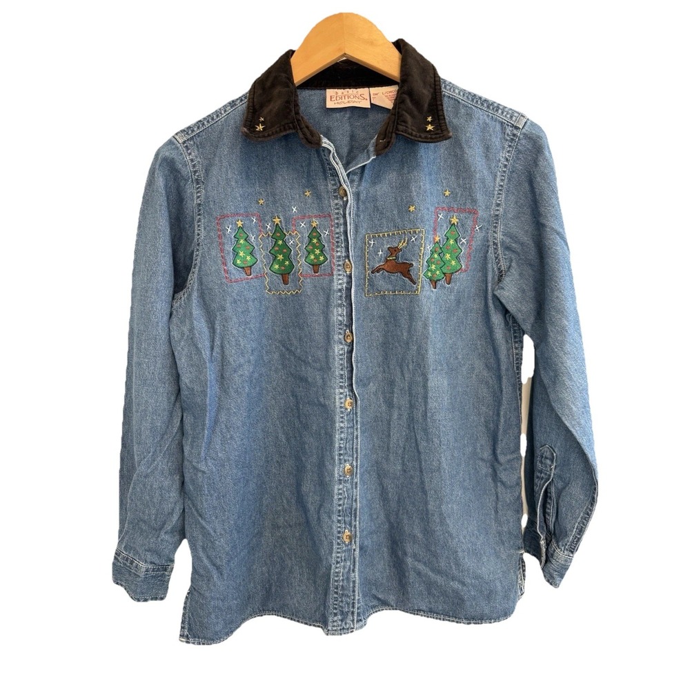 VTG Y2K Basic Additions S Holiday Denim Shirt With Embroidered Xmas Trees & Deer